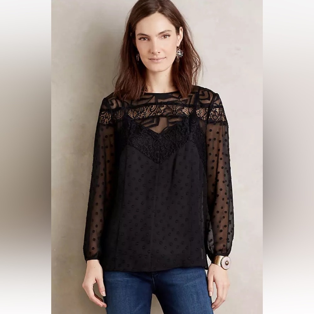 Anthropologie Verona Blouse by HD in Paris Black Sheer Long Sleeve Blouse US 2